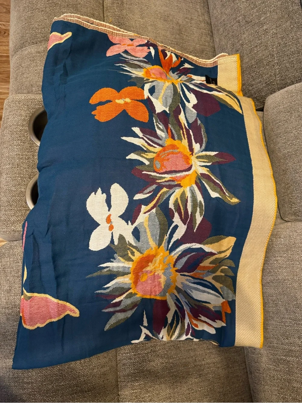 Floral Jacquard Cotton-Linen Throw Blanket in Mustard and Pink 60x80